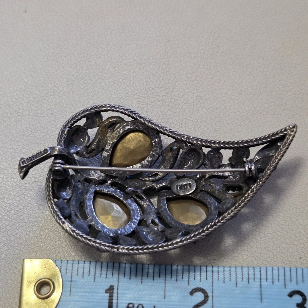 Vintage FLORENZA Signed Blue Vitrail Rhinestone Faux Pearls Leaf Brooch AS IS - Picture 5 of 5